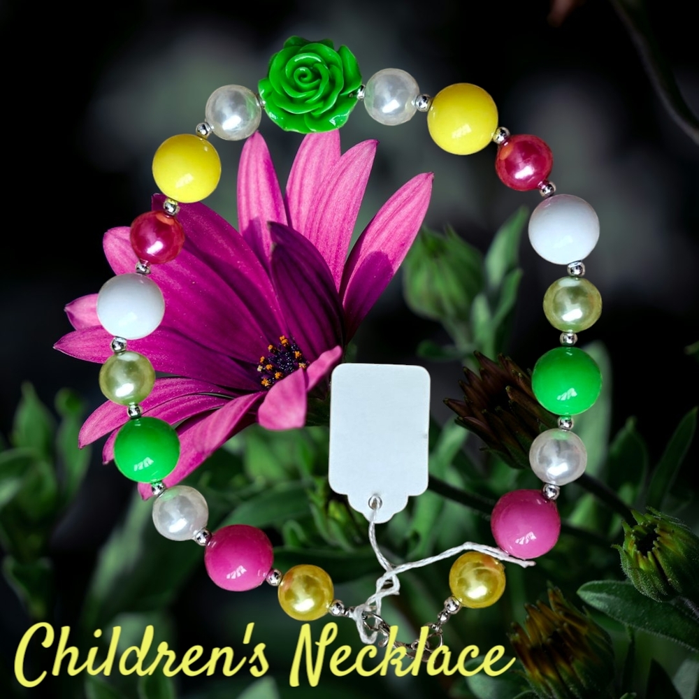 Vibrant Kids Beaded Necklace with Green Rose